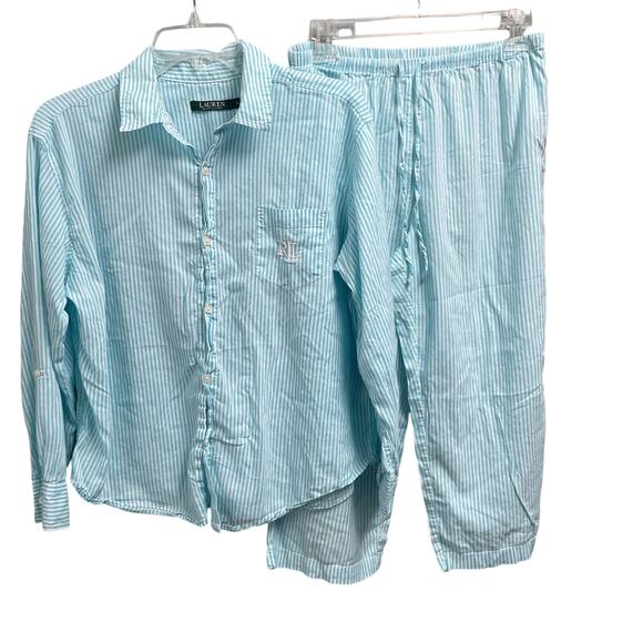 Ralph Lauren Other - Lauren Ralph Lauren Aqua Stripe Pajama Set Womens Medium Cotton Monogram